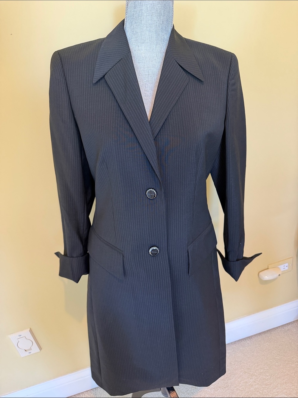 Escada Black Pinstripe Long Blazer Jacket